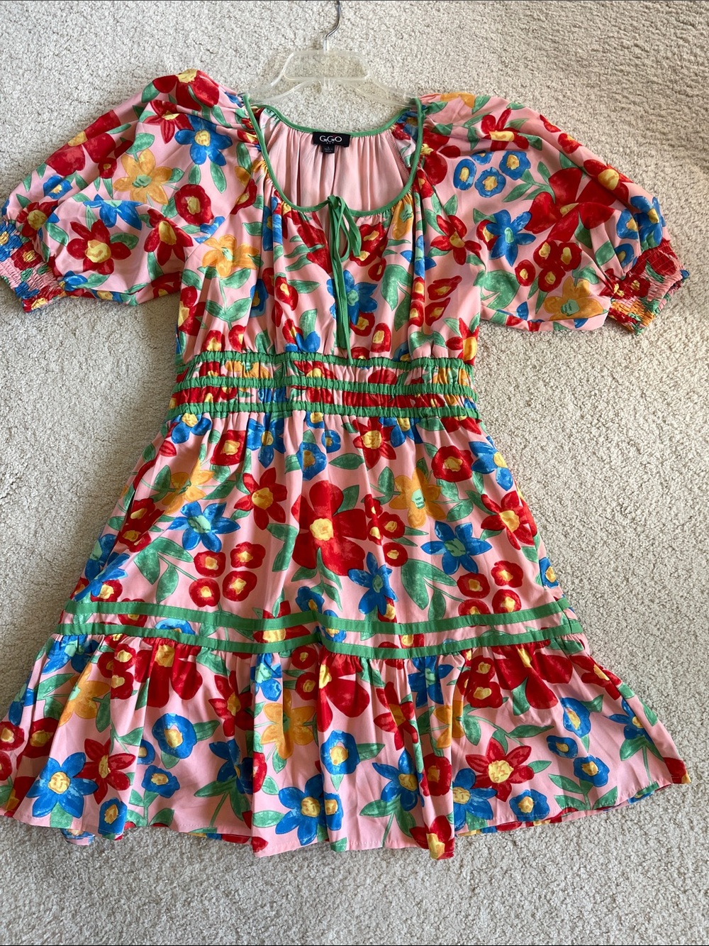 GGO Pink Floral Smocked Casual Dress with Puff Sleeves